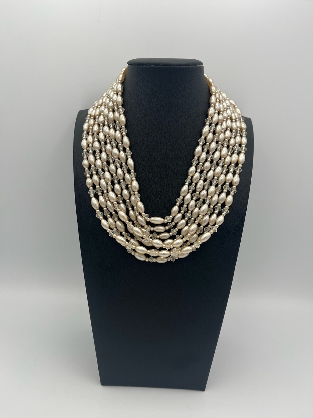 Signed Miriam Haskell 1950s 8‑Strand Faux Pearl Necklace 19.5″ Vintage